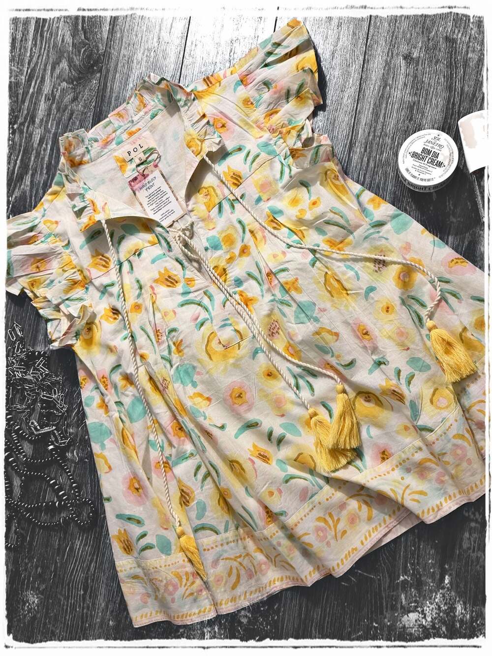 POL Tassel Tied Floral Hand Block Print Flutter Sleeve Blouse